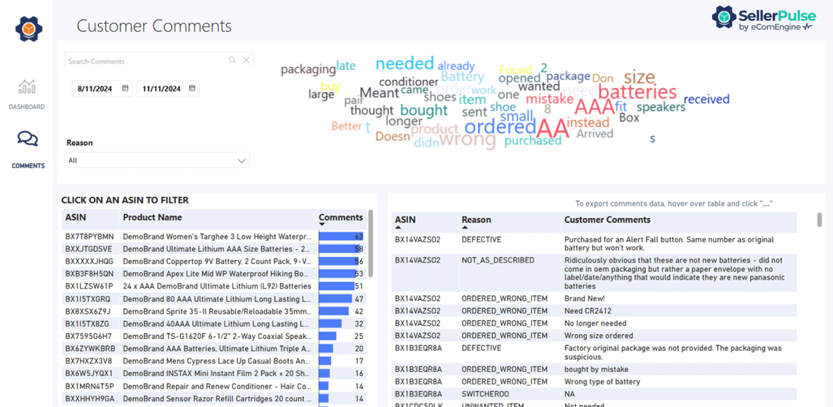 The Customer Comments tab of the Returns Report in SellerPulse